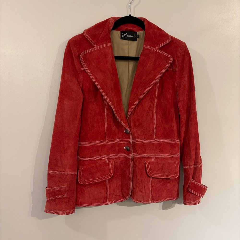 Vintage Genuine Suede jacket coat red white stitching